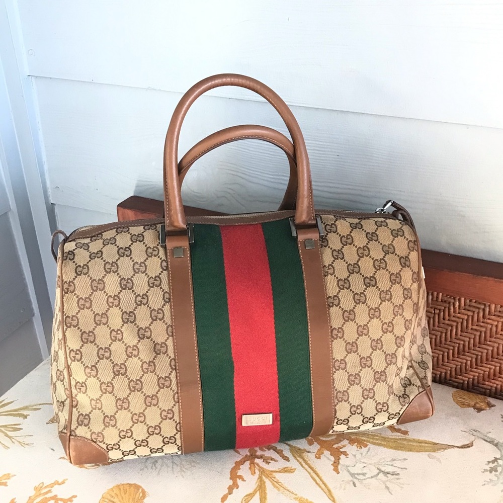GUCCI Web Sherry Line Limited Edition Boston Bag Canvas w/Leather handles